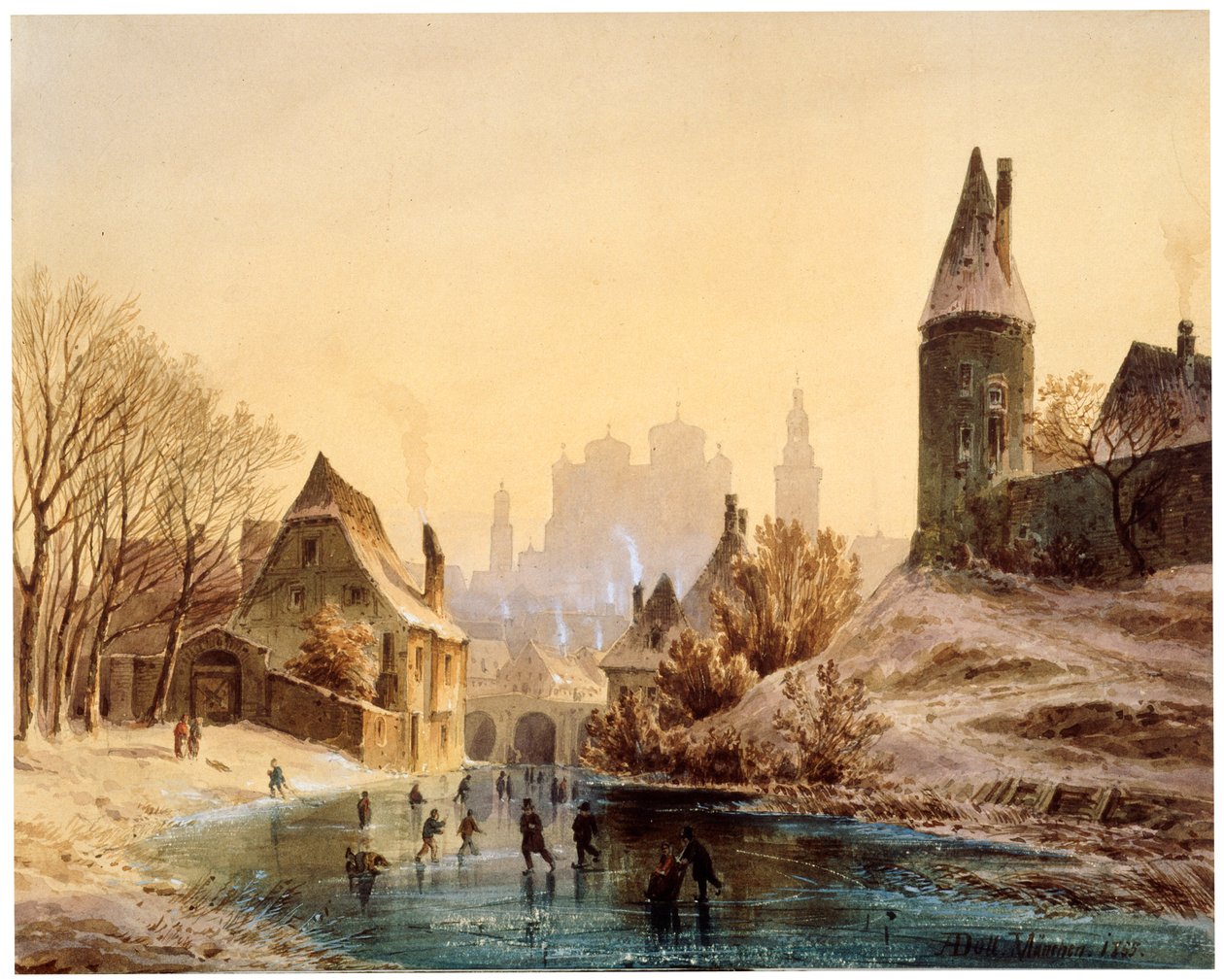 Skøytebane på en elv, 1855. av Anton Doll