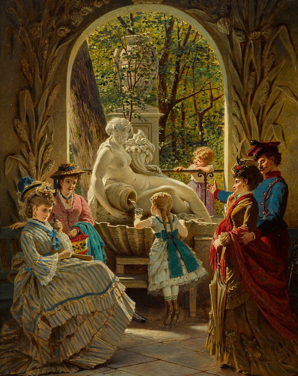 Pavillon du festival de Printemps a Schonbrunn, Vienne - Pavilion to the Fair Spring in Schoenbrunn - Anton Ebert (1845-1896). Oil on wood Dimension : 65x52 cm Private Collection   1411358   no       norwegian Successfully Translated  Original: The Coaxer, av Anton Ebert