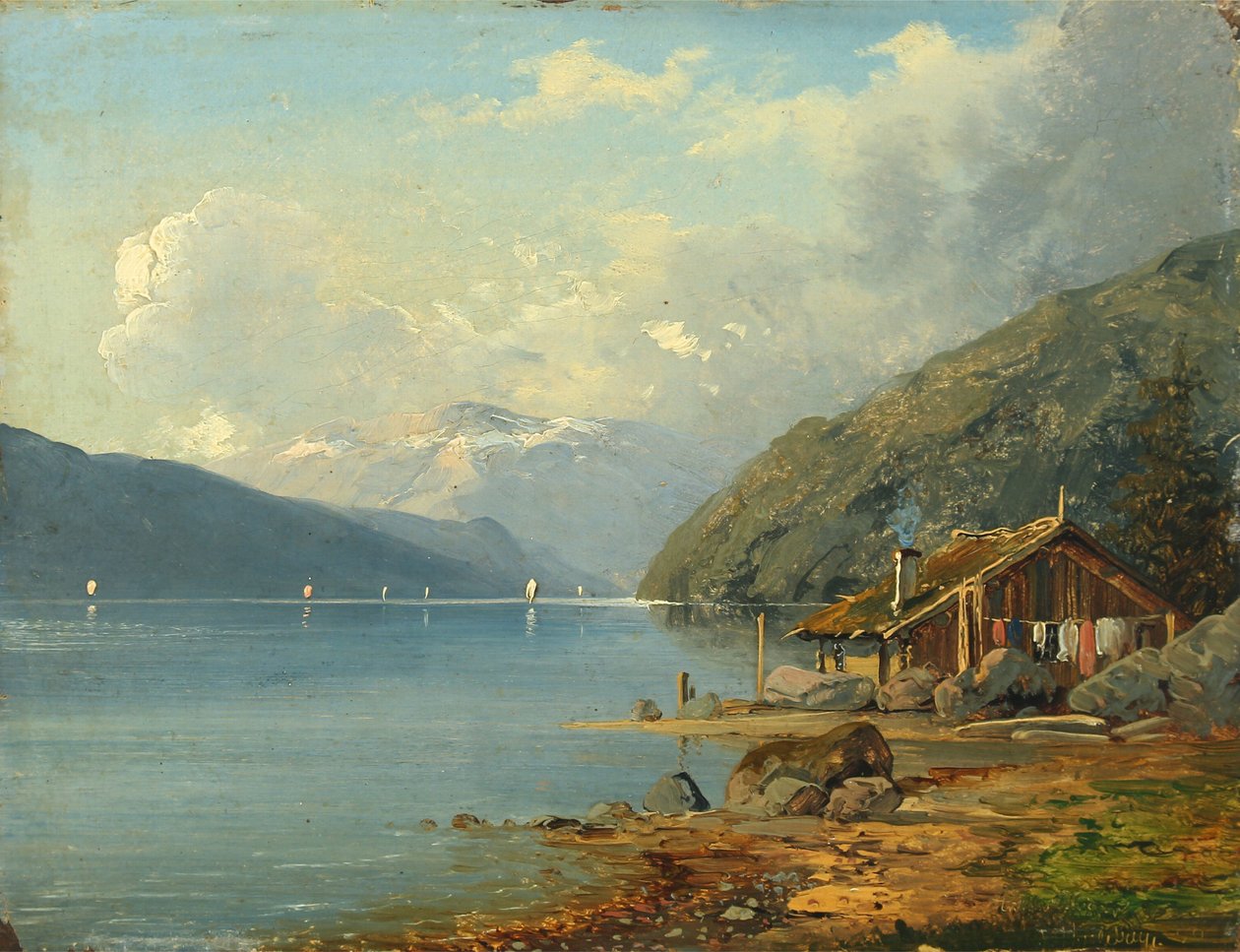 Dansk: En liten hytte ved en innsjø i Tyskland av Anton Eduard Kieldrup
