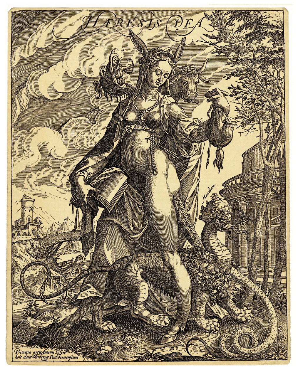 Guddommen Heresia, en allegorisk figur avbildet i form av en kvinne med eselører, som holder en bok med revne sider og en uhyrlig skapning mellom beina. Kontrareformistisk satirisk trykk av Anton Eisenhout (1554-1603) Slutten av 1500-tallet av Anton Eisenhout