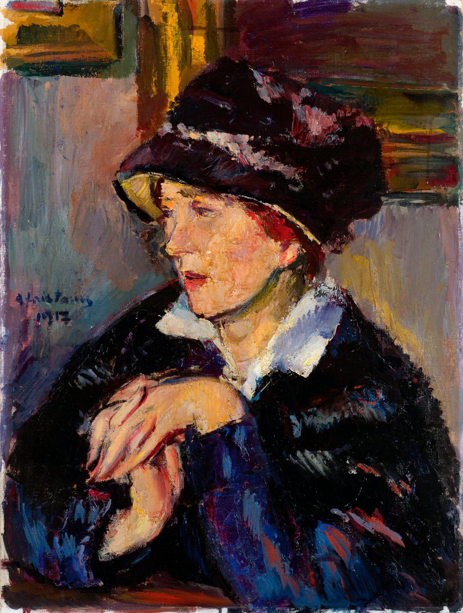 Woman with a Dark Hat - Maleri av Anton Faistauer (1887-1930) olje på lerret av Anton Faistauer