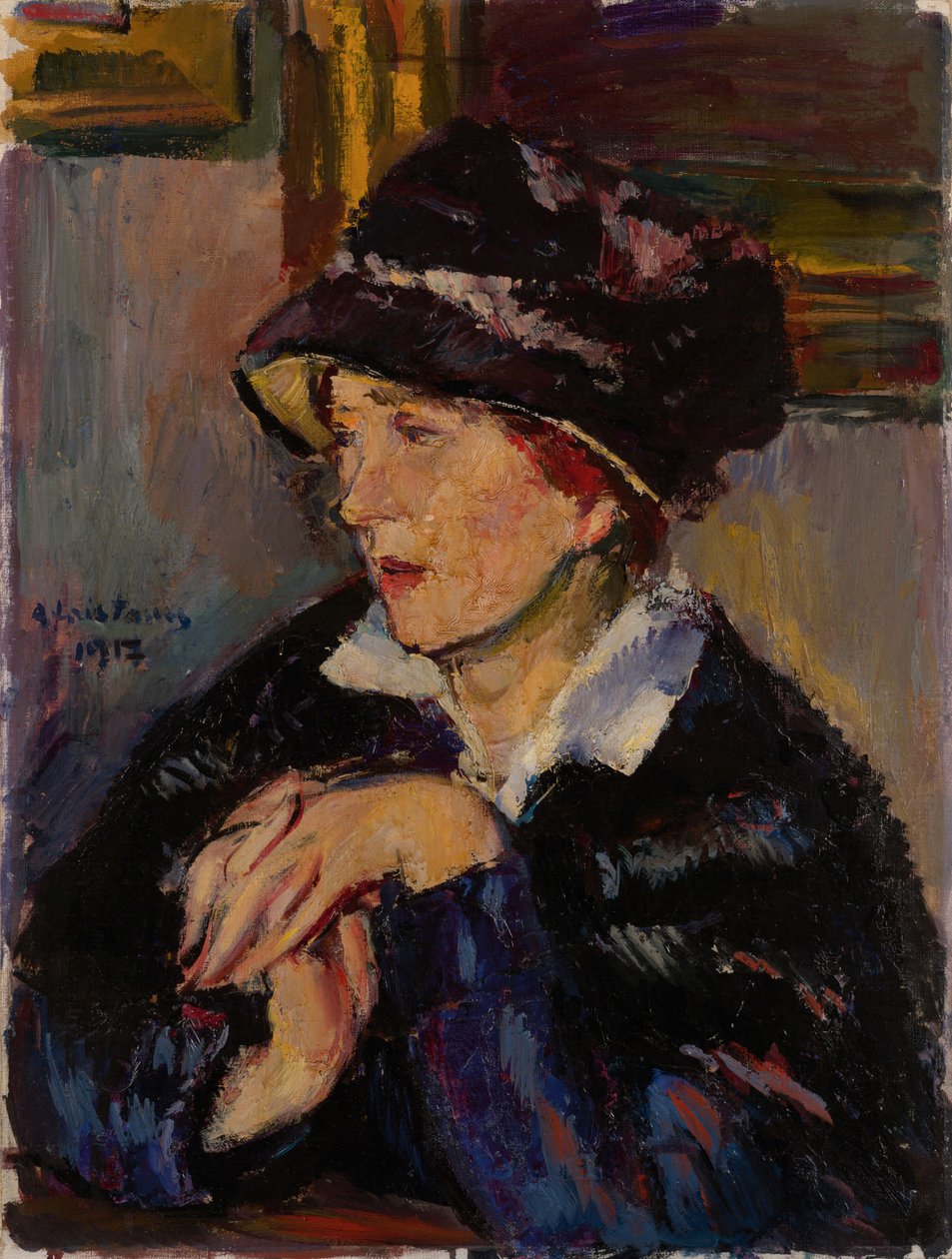 Kvinne med mørk hatt, 1917 av Anton Faistauer