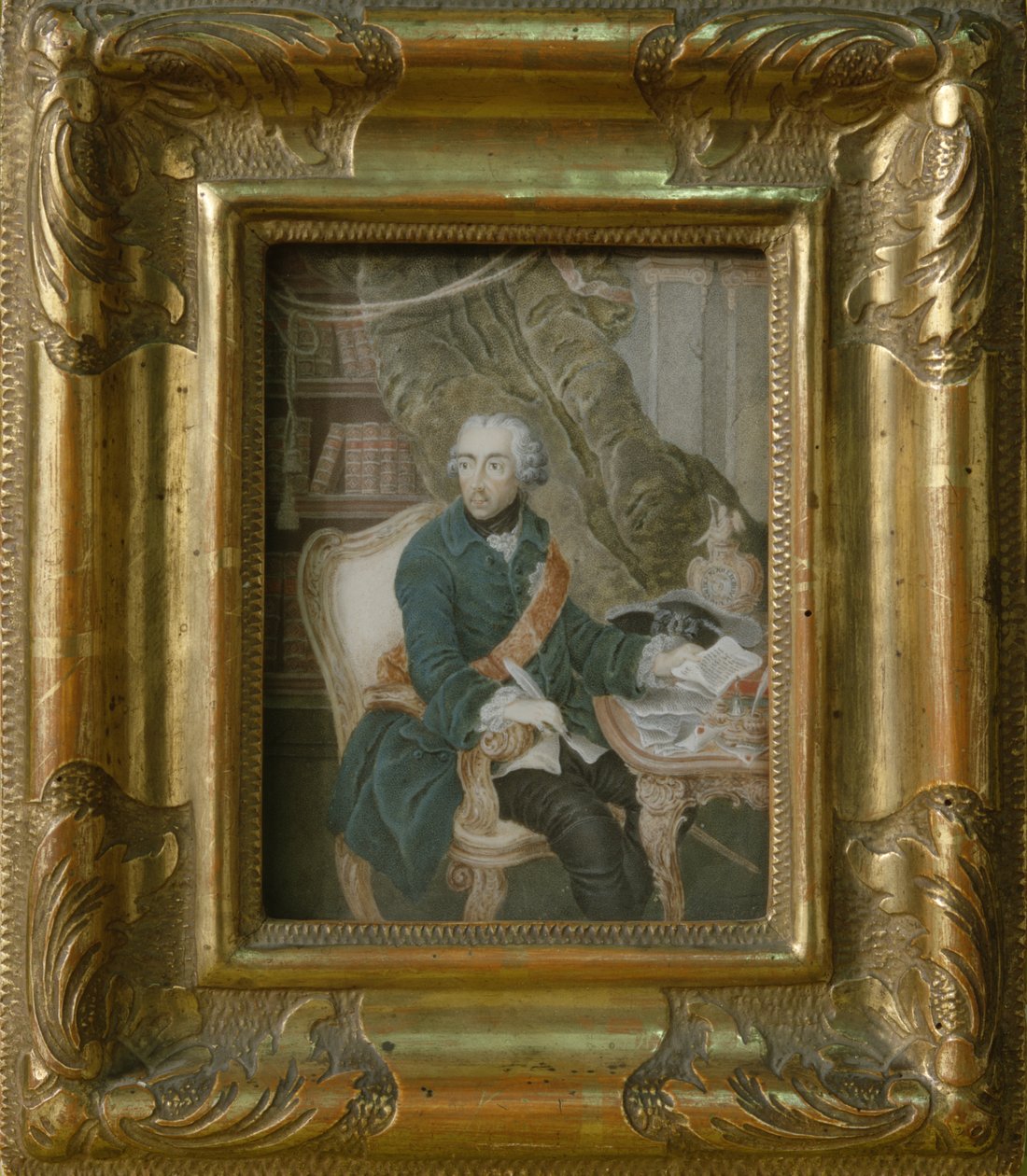 Kong Frederick II av Preussen i sin Hohenzollern-jakke, 1769 (akvarell på elfenben) av Anton Friedrich Konig