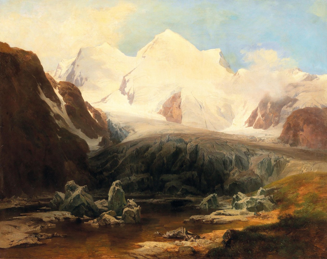 Utsikt over en fjellsjø med snødekte fjell i bakgrunnen av Anton Hansch