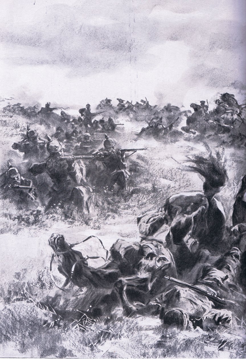 Nederlag av den 14. russiske kavaleribrigaden ved Praszysz, fra puben The Illustrated History of the World War 1914-1915. av Union Berlagsefellfchaft av Anton Hoffman