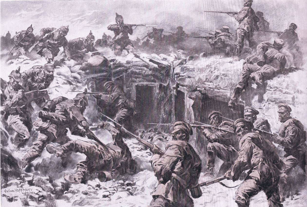 Nederlaget til Moscow Grenadier Corps av schlesiske, prøyssiske og keiserlige tyske tropper, fra puben The Illustrated History of the World War 1914-1915. av Union Berlagsefellfchaft av Anton Hoffman