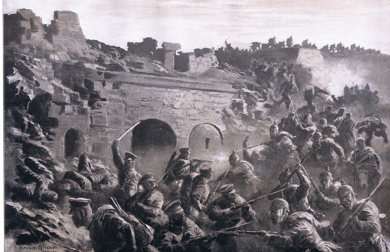 Stormingen av et fort i Kavno, fra puben The Illustrated History of the World War 1914-1915. av Union Berlagsefellfchaft av Anton Hoffman