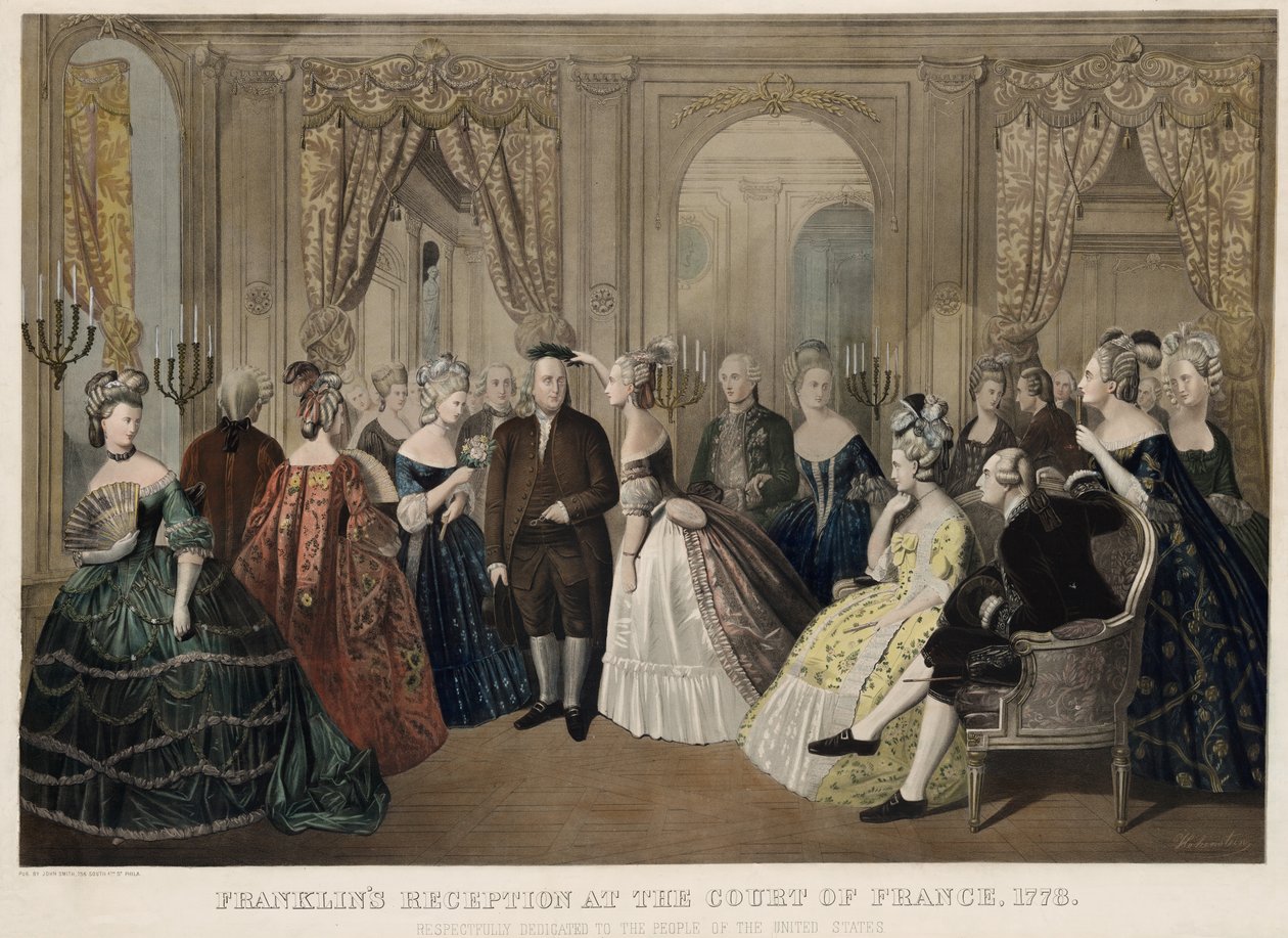 Franklins mottakelse ved domstolen i Frankrike, 1778, respektfullt dedikert til folket i USA, pub. 1865 av Anton Hohenstein