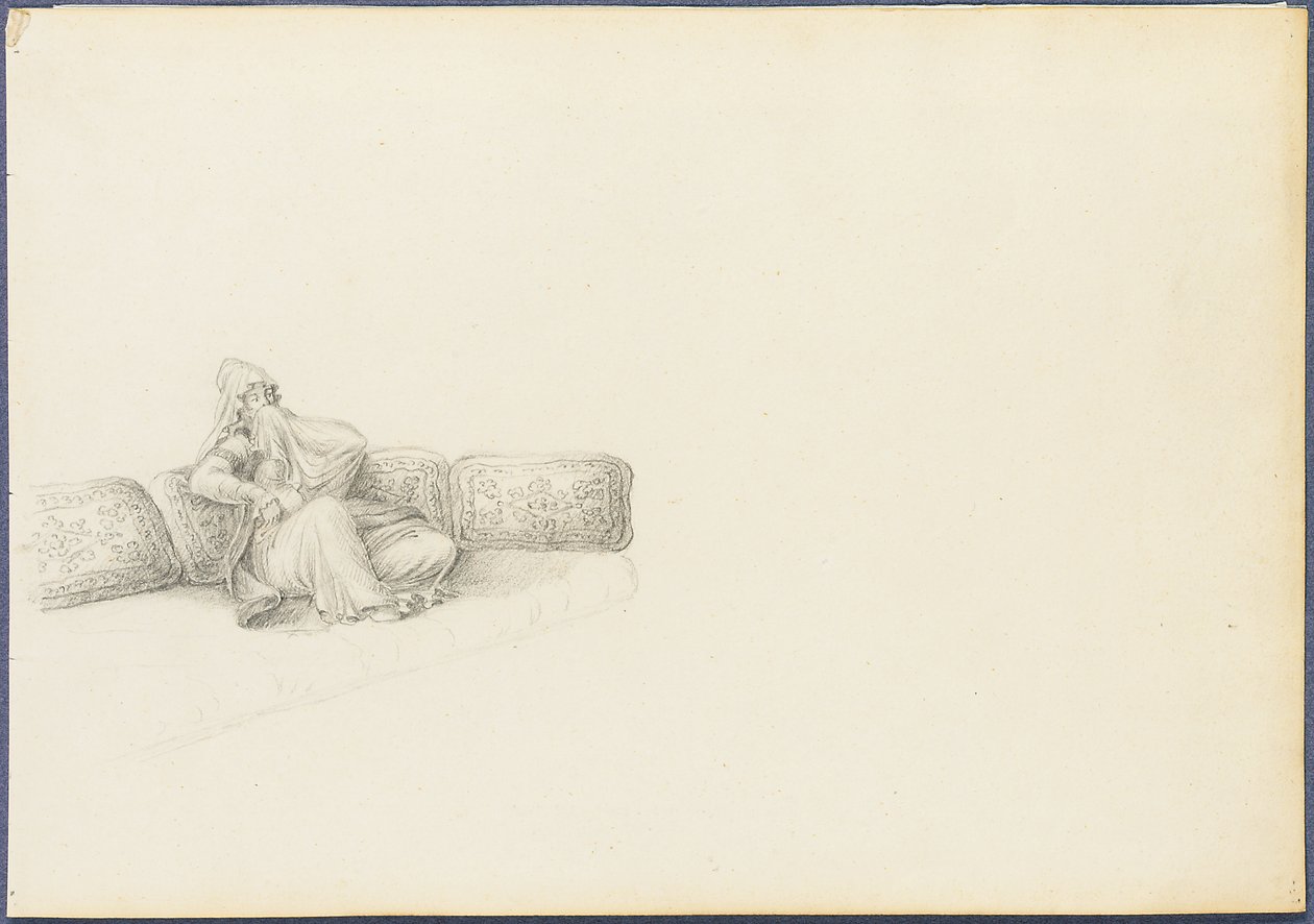 Antatt portrett av Sultana Hadigé sittende på en sofa (grafitt på papir) av Anton Ignaz Melling