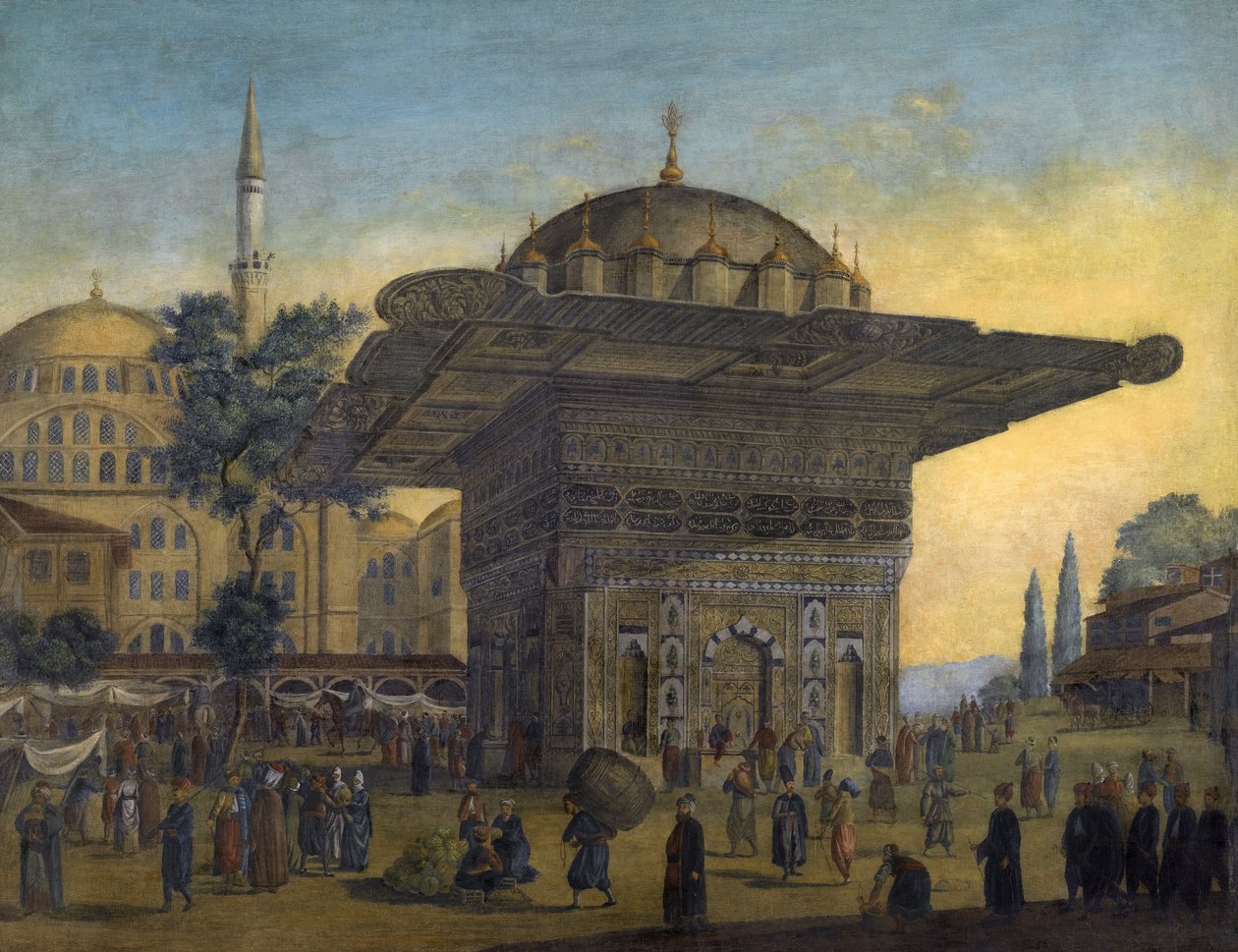 ""Utsikt over Tophane-fontenen (Top Hane), Istanbul, Tyrkia"" Maleri av Antoine Ignace Melling (1763-1831) 1819 Privat samling av Anton Ignaz Melling