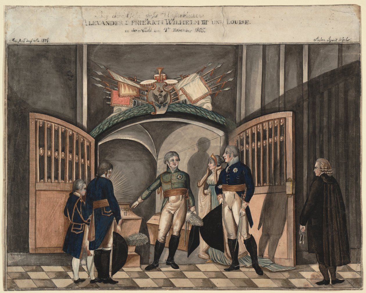 Nær asken til Fredrik den store. Tsar Alexander I, kong Frederick William III og Louise av Pr av Anton Ignaz Vogel