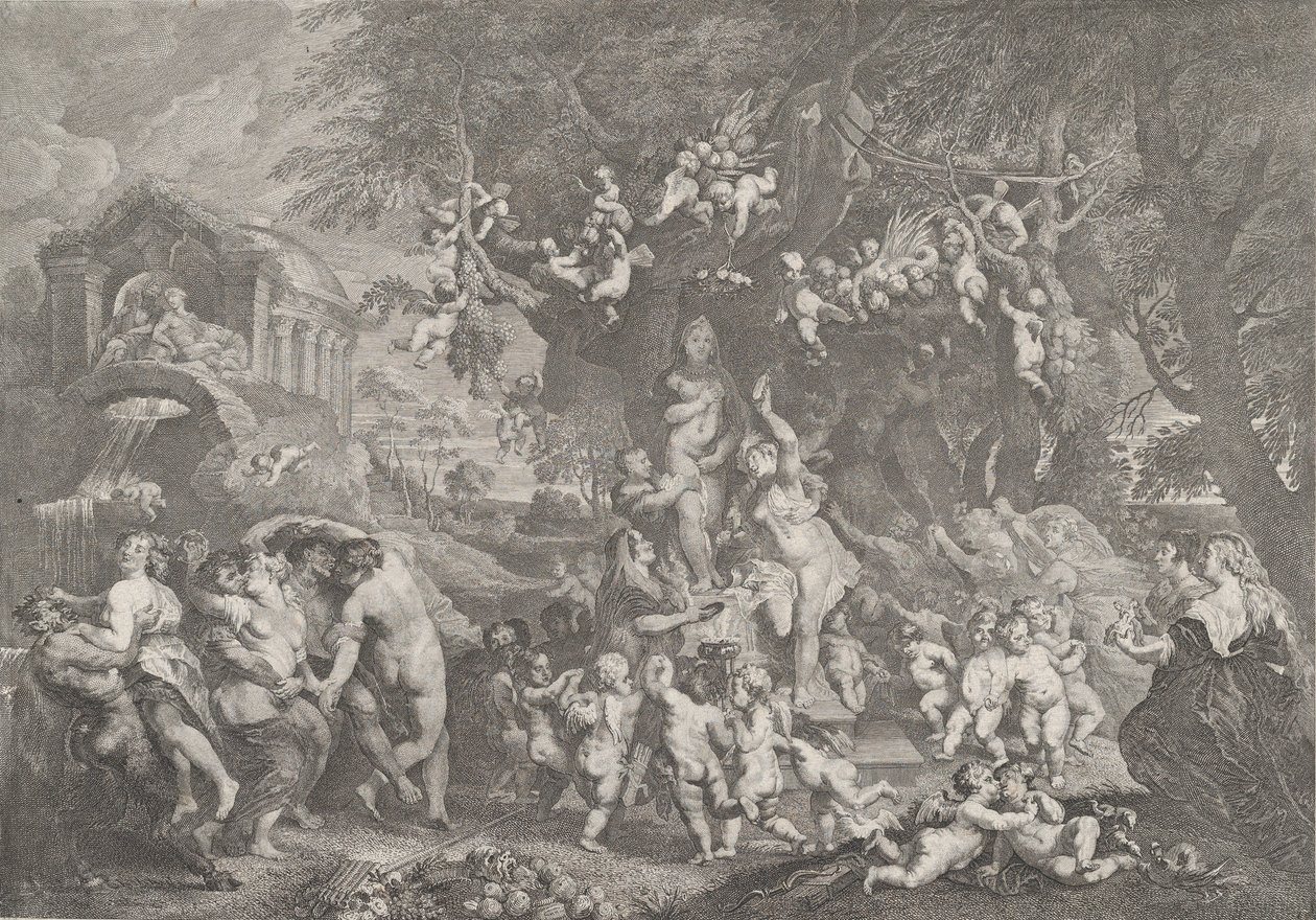 Venusfesten, med grupper av satyrer, nymfer og putti som danser rundt en statue av Ve..., 1732. av Anton Joseph von Prenner