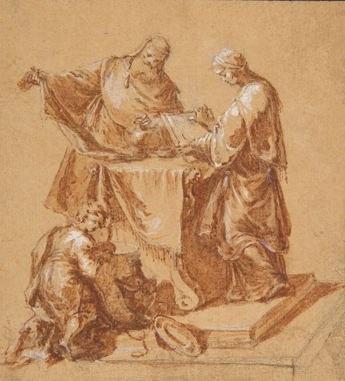 En yppersteprest, profetinnen Anna og en knelende gutt rundt et bord, 1745. av Anton Kern