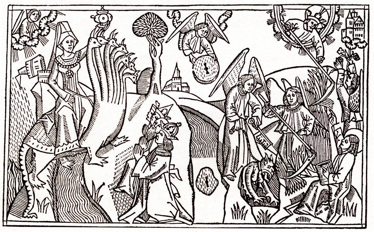 Den store skjøgen i Babylon som rir på det syvhodede dyret og englene som skjærer hvete mens de holder djevelen fanget av Anton Koberger