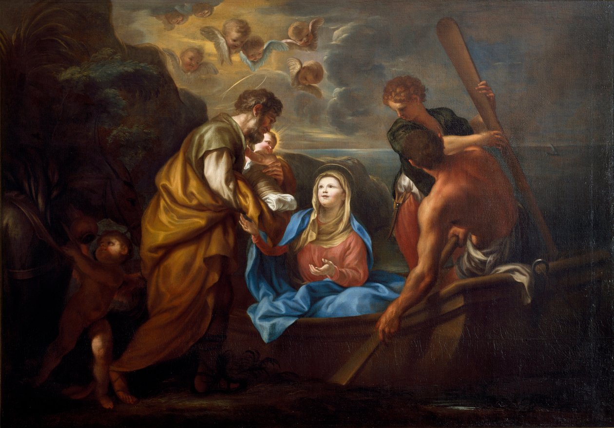 Flyturen til Egypt Den hellige familien legger ut på en båt. Maleri av Anton Maria Piola (1654-1715) Collezione Banca Carige Genes av Anton Maria Piola