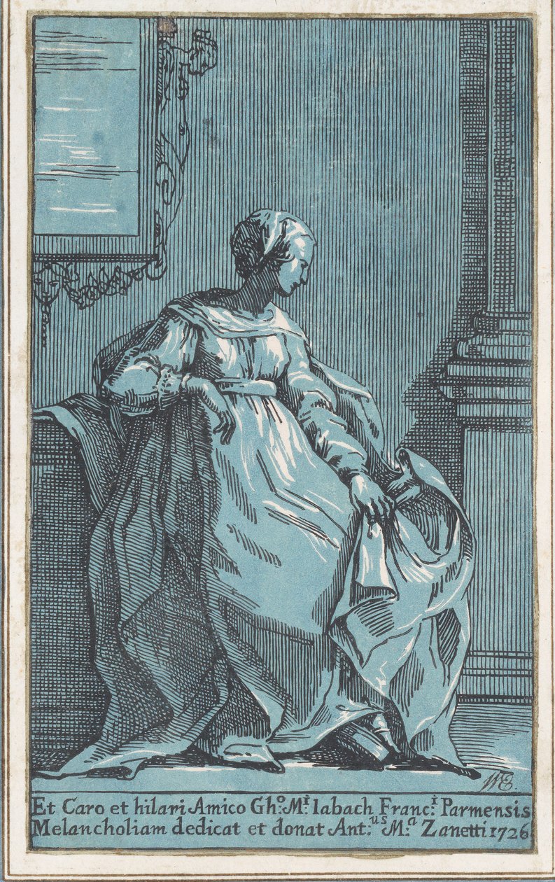 Kvinne sitter i rommet melankoli, 1726. av Anton Maria Zanetti
