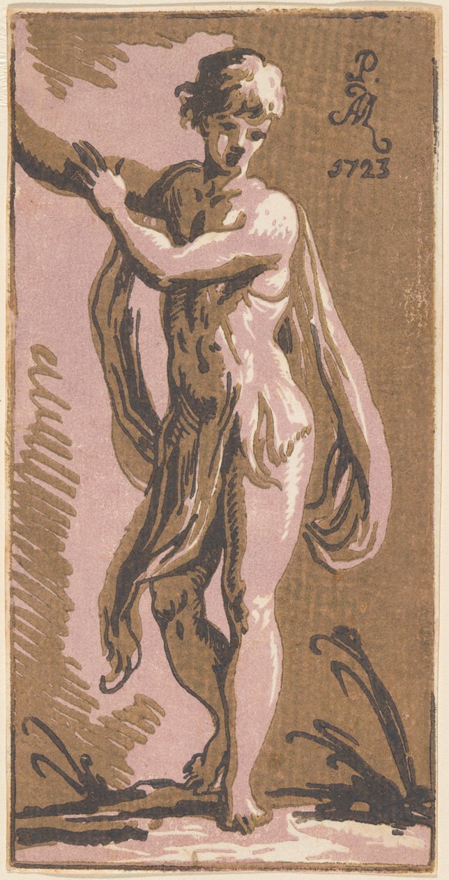 En stående ungdom som gestikulerer til høyre av Anton Maria Zanetti I, after Parmigianino