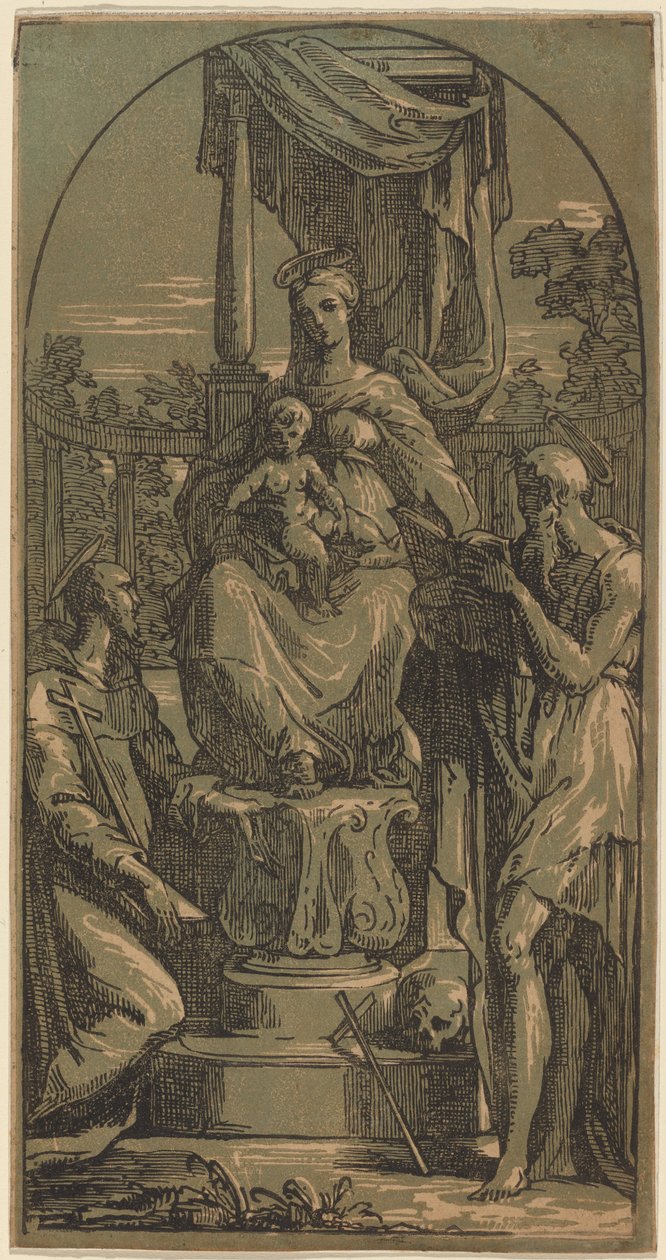 Madonna and Child Enthroned, Saint Jerome og Saint Francis av Anton Maria Zanetti I, after Parmigianino