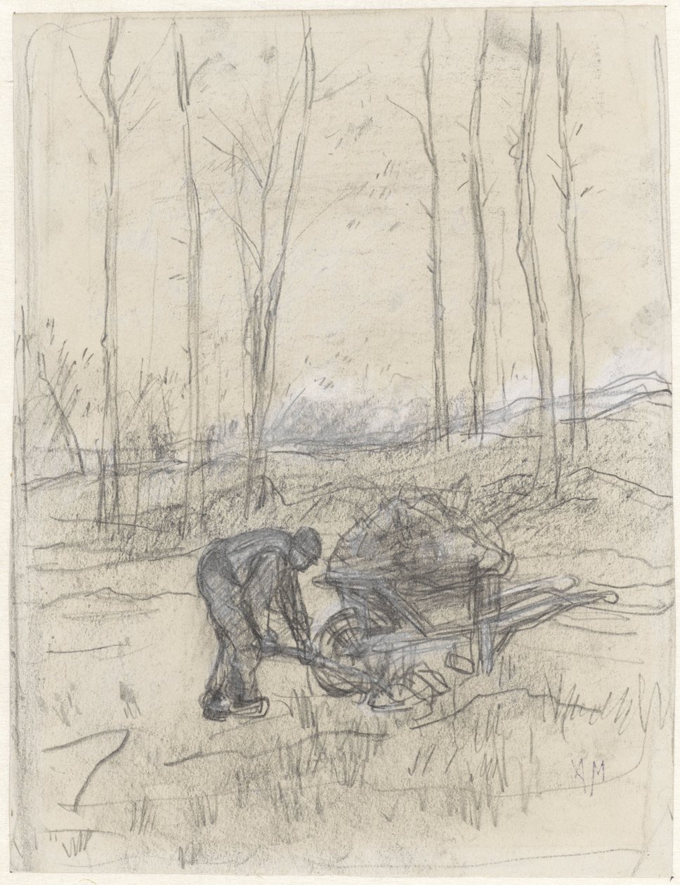 Bonde på jobb med trillebår i skogen av Anton Mauve