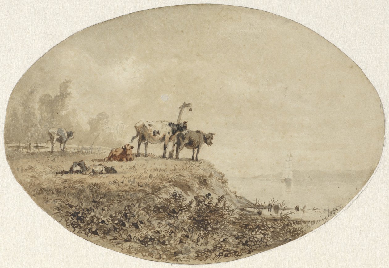 Kyr ved vannet, i det fjerne en seilskute av Anton Mauve