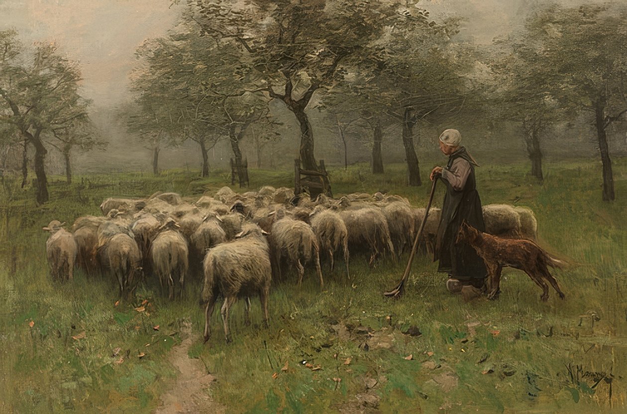 Gjeterinne med en saueflokk. Rundt 1870-88 av Anton Mauve