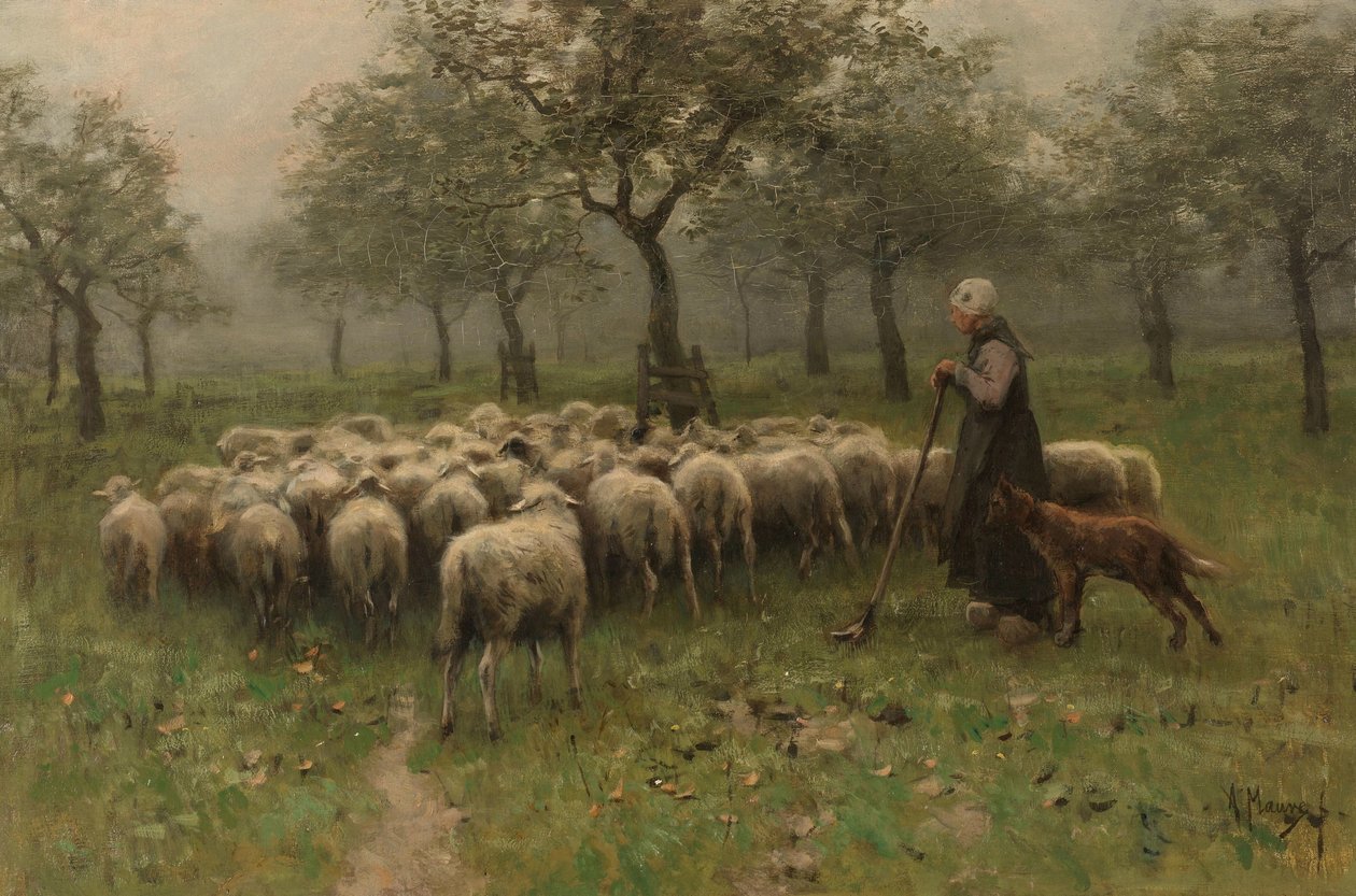 Gjeterinne med en saueflokk av Anton Mauve