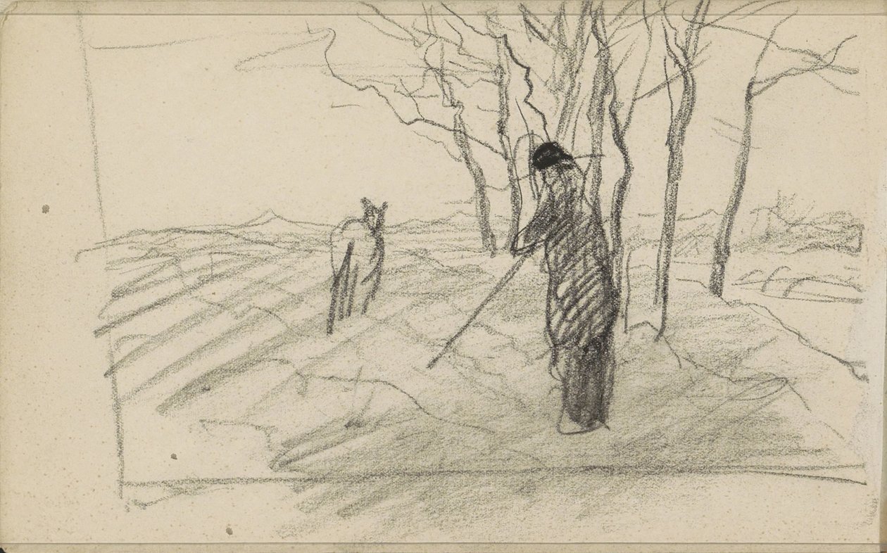 Stående mann med en stokk og et dyr på en pløyd mark av Anton Mauve