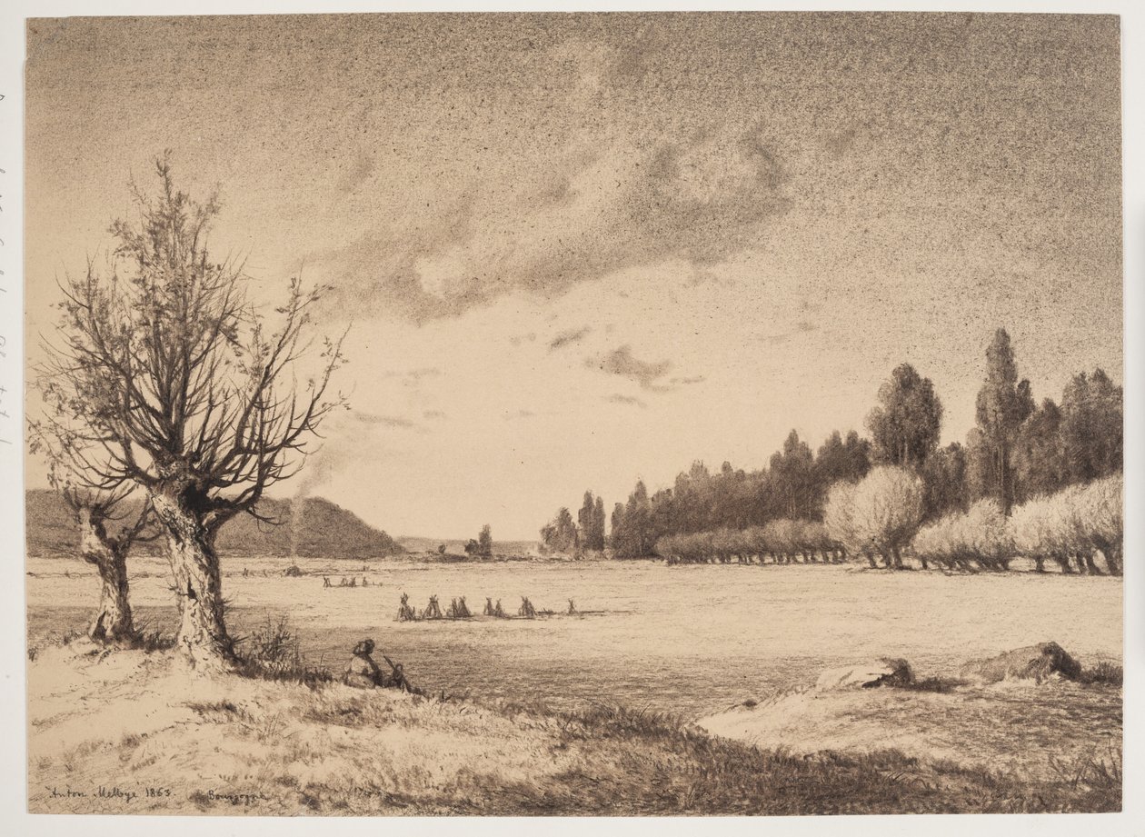 Åpent landskap med en skog i det fjerne. burgunder av Anton Melbye