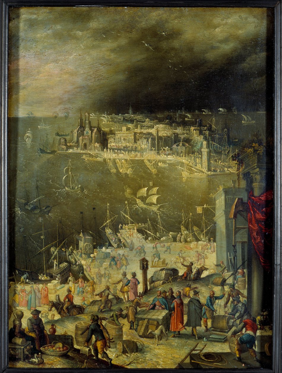 Utsikt over en havn Representasjon av kommersiell virksomhet, lossing av varer, transaksjoner på havnen. Maleri tilskrevet Anton Mozart (1573-1625), søn. 0,3x0,22 m paris, Louvre-museet av Anton Mozart