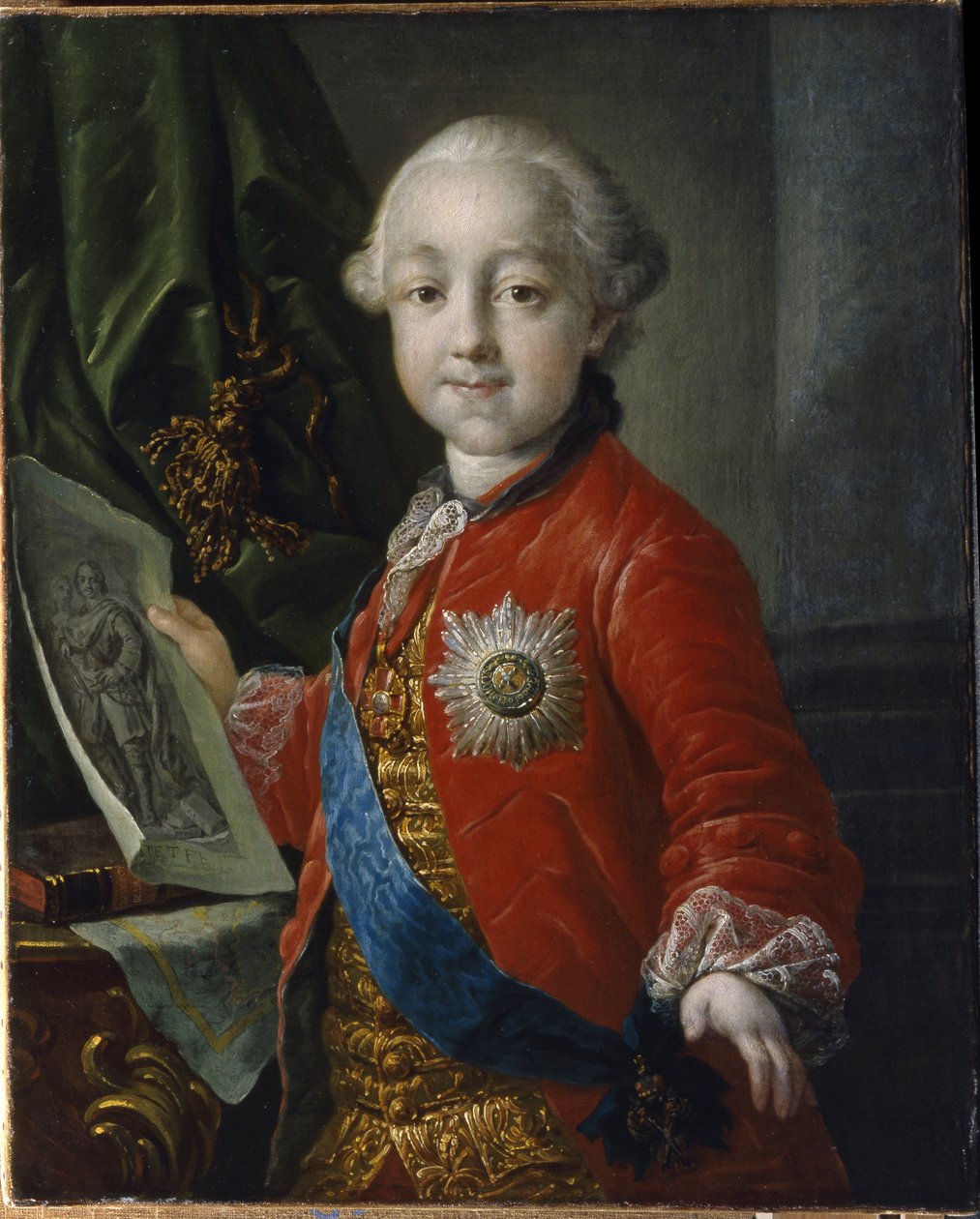 Portrett av storhertug Pavel Petrovich Romanov (1754-1801), som barn. (Portrett av storhertug Pavel Petrovich som barn). Keiser av Russland fra 1796 til 1801. Maleri av Anton Pavlovich Losenko (1737-1773), olje på lerret av Anton Pavlovich Losenko