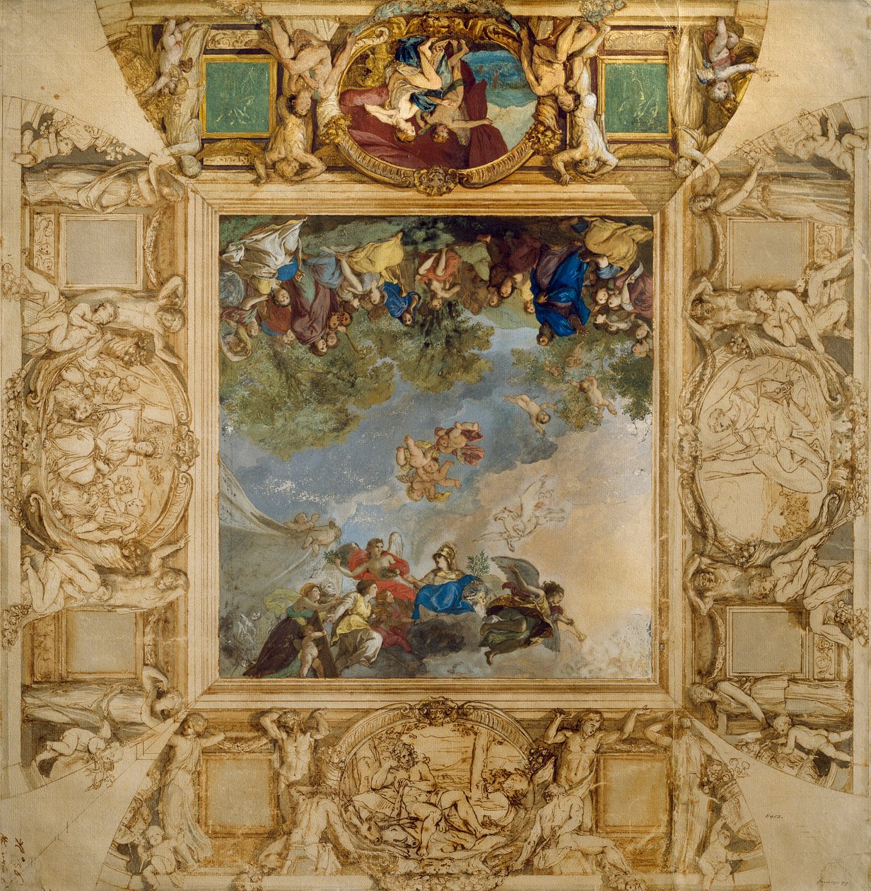 Apollo og Athena belønner Talenter og Minerva flankert av karyatider og medaljonger som viser Mars, Venus, Hercules og Cybele, av Anton Raphael Mengs av Anton Raphael Mengs