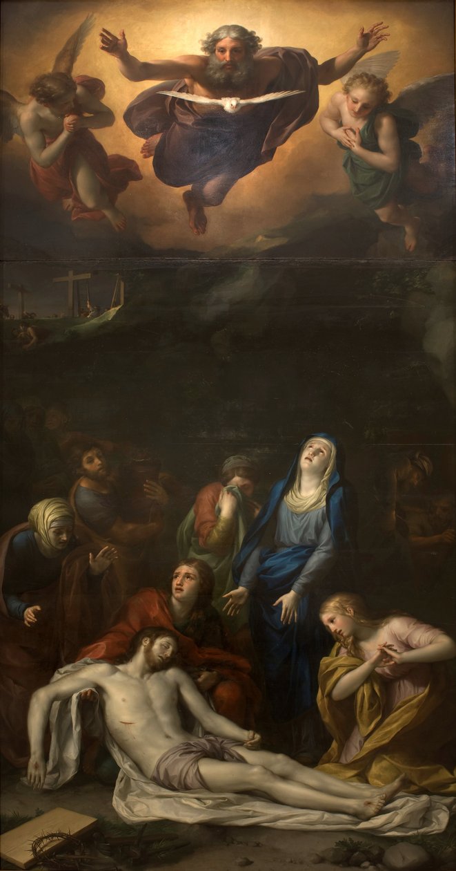 Nedstigningen fra korset - Blant karakterene representert rundt Jesu Kristi kropp: Den hellige Josef av Arimathea, den hellige Nikodeme, den hellige Maria Magdalena, Jomfru Maria og den hellige evangelisten Johannes - Representasjon av den hellige treenigh av Anton Raphael Mengs