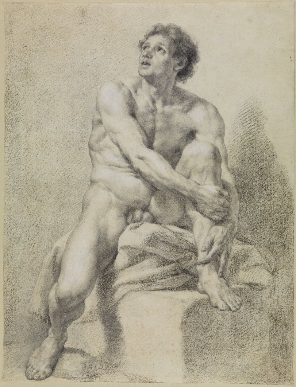 Sittende mannlig akt, omtrent sett forfra, med venstre ben løftet og holdt fast med begge hender av Anton Raphael Mengs