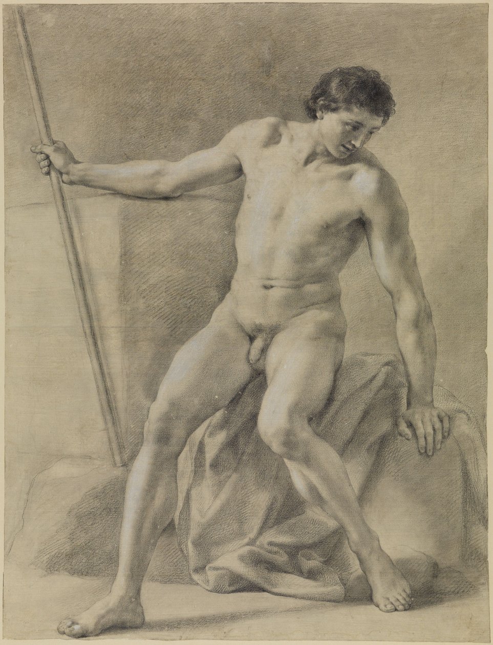 Sittende mannlig akt, nesten forfra, stav i høyre hånd, nedadskuende av Anton Raphael Mengs