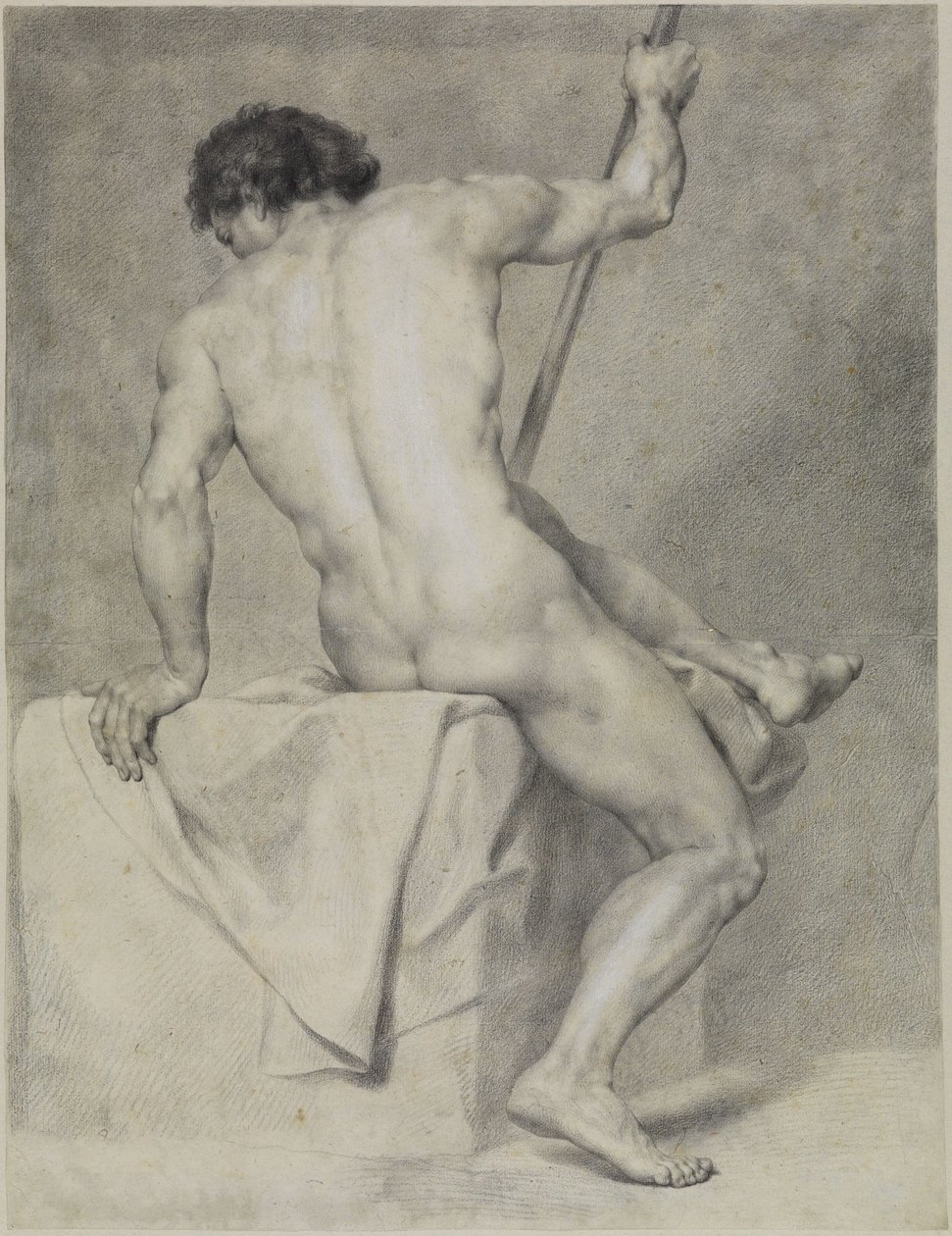 Sittende mannlig akt sett bakfra, støtter seg på venstre side og holder en stav i høyre hånd av Anton Raphael Mengs