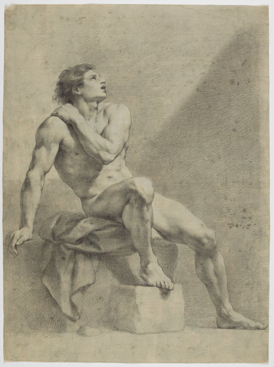 Sittende mannlig akt, skrått mot høyre, oppadskuende av Anton Raphael Mengs