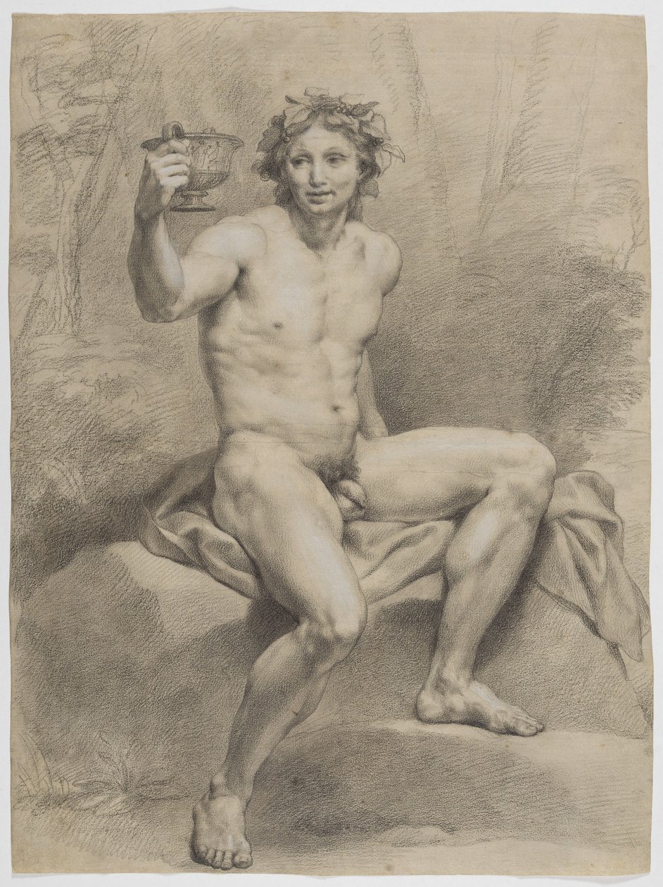 Sittende mannlig akt, skrått mot høyre, med krans av vinblader og drikkeskål i høyre hånd av Anton Raphael Mengs