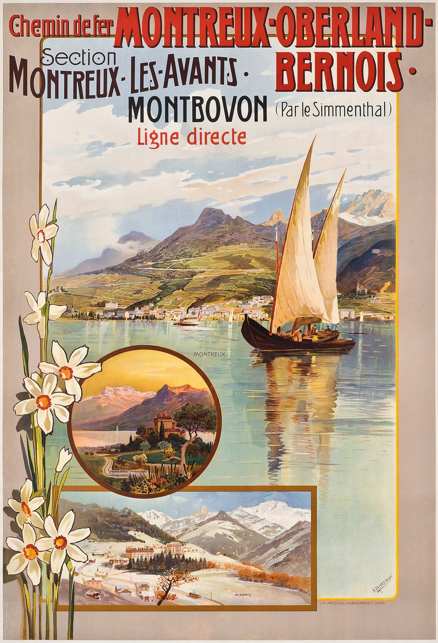 Plakatannonsering Montreux-Oberland-Bernois togreiser, ca. 1910 (farge litho) av Anton Reckziegel