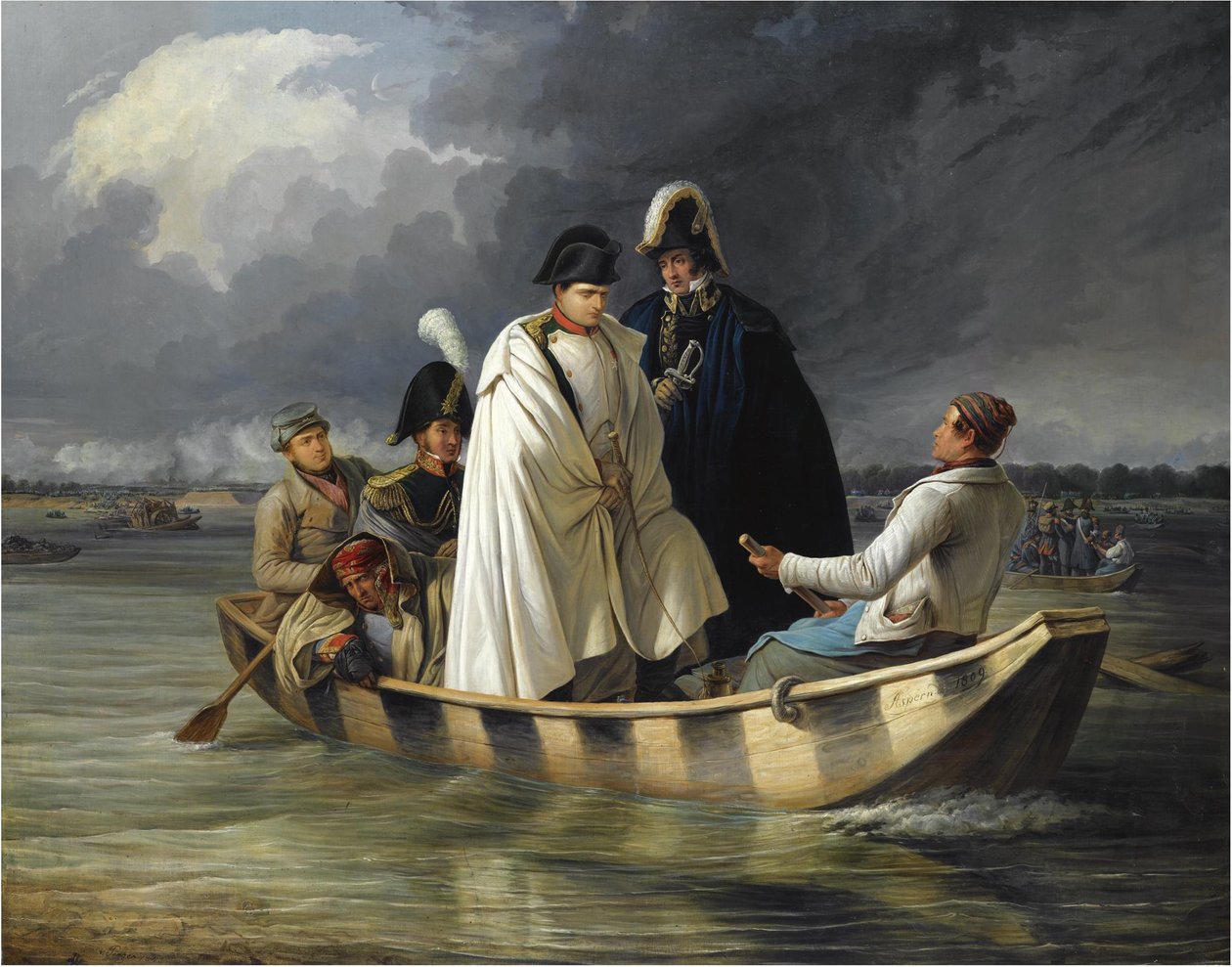 Napoleon forlater Lobau etter nederlaget i slaget ved Aspern, 1845 av Anton Ritter von Perger
