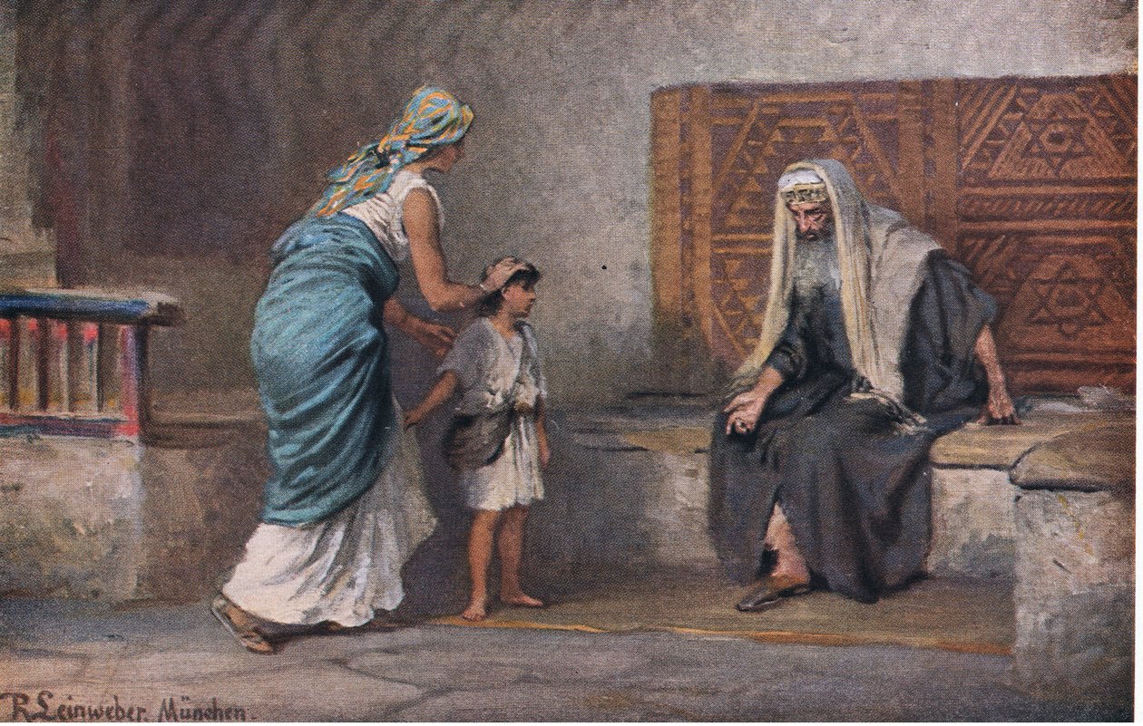 Hannah bringer Samuel til Eli, fra Hulberts Story of the Bible utgitt av The John Winston Company, 1932 av Anton Robert Leinweber