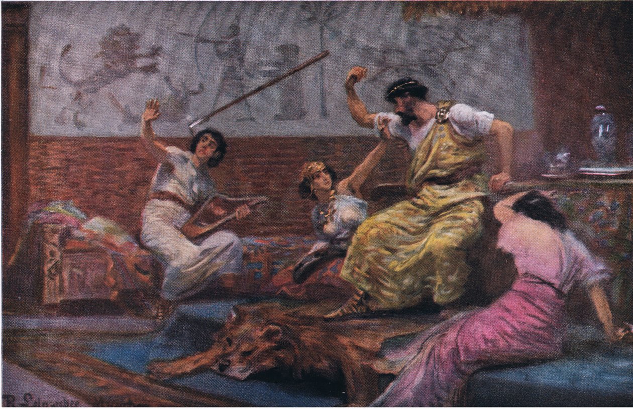 Saul kaster spydet mot David, fra Hulberts Story of the Bible utgitt av The John Winston Company, 1932 av Anton Robert Leinweber