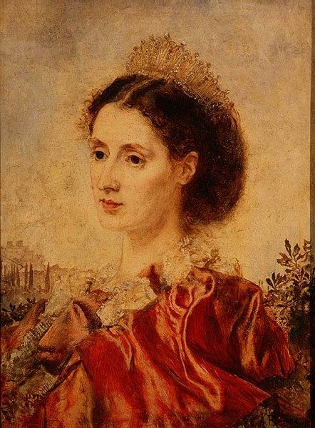 Portrett av fru Henry Francis Makins i fancy kjole (panel) av Anton Romako
