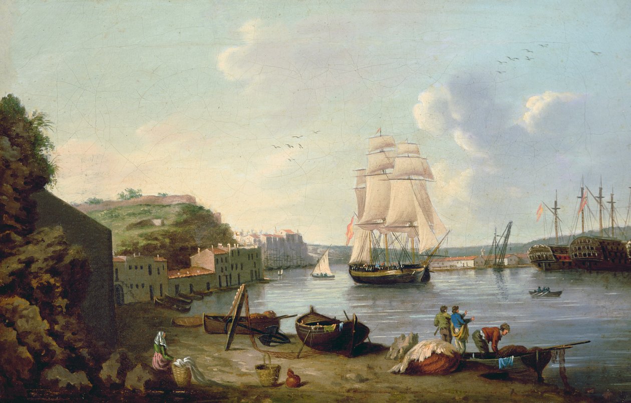 Skip under seil i havnen ved Port Mahon, Minorca av Anton Schantz