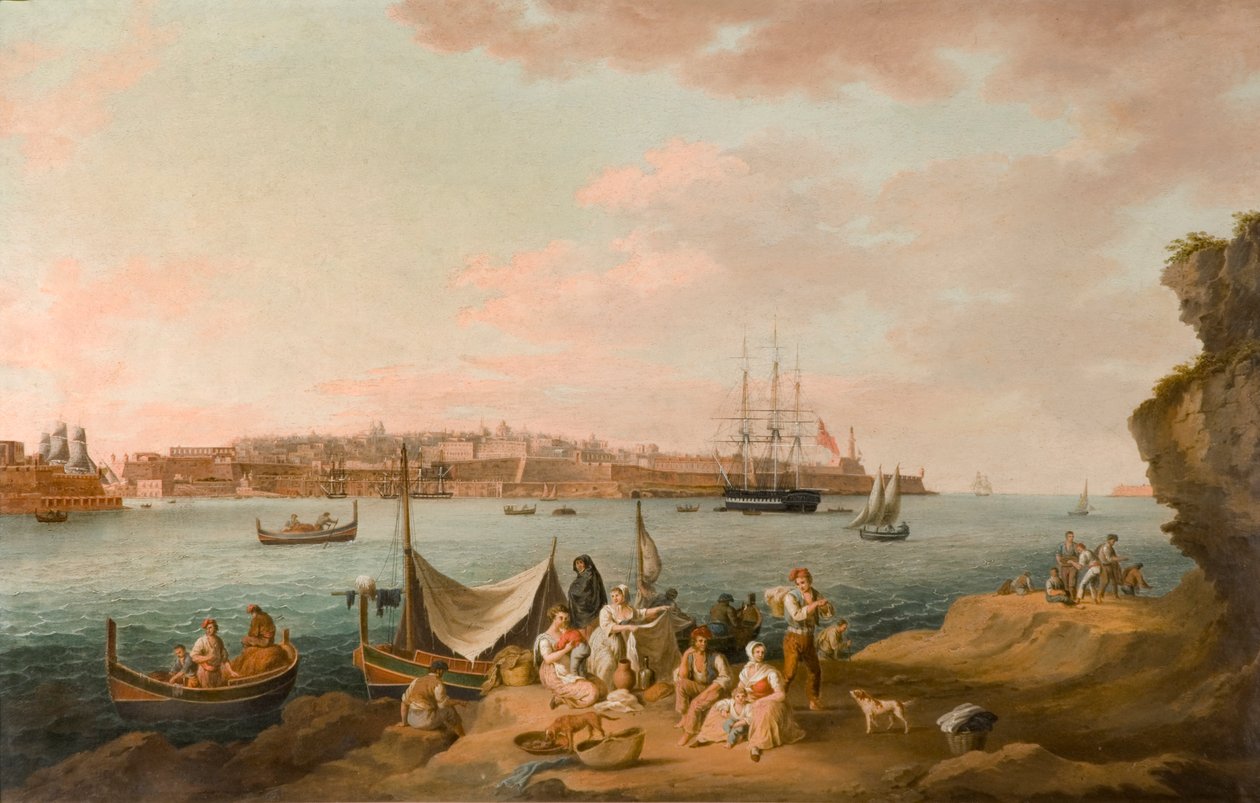 Harbour Scene, Malta (olje på kort) av Anton Schranz