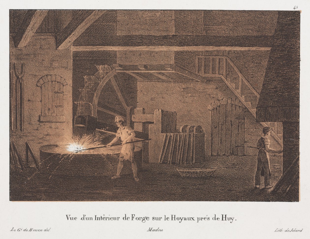 Interiør i en smie nær Huy, Belgia, gravert av Jean-Baptiste Jobard (1792-1861) (tonet litho) av Anton de after Howen