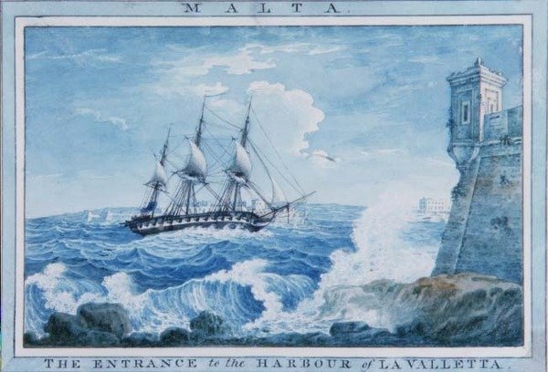 Malta: Inngangen til havnen i Valletta (akvarell) av Anton the Younger (circle) Schranz