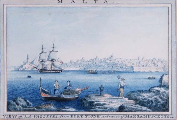 Malta: Utsikt over La Valletta fra Fort Tigne, inngangen til Marsamuscetto (akvarell) av Anton the Younger (circle) Schranz
