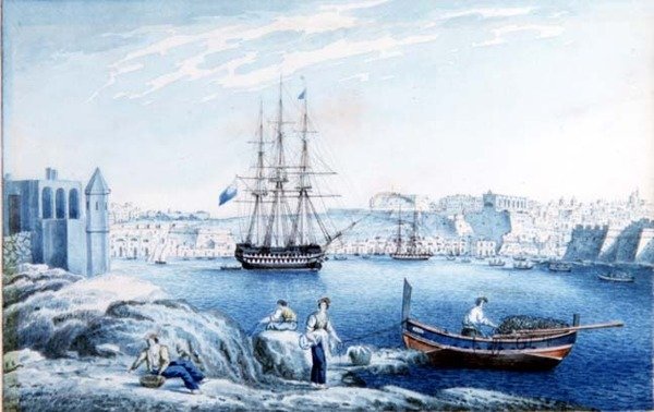 Malta: Utsikt over La Valletta fra punktet ved Corradino (akvarell) av Anton the Younger (circle) Schranz