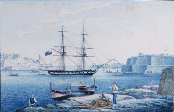 Malta: Utsikt over inngangen til havnen i La Valletta fra Isola Point (akvarell) av Anton the Younger (circle) Schranz