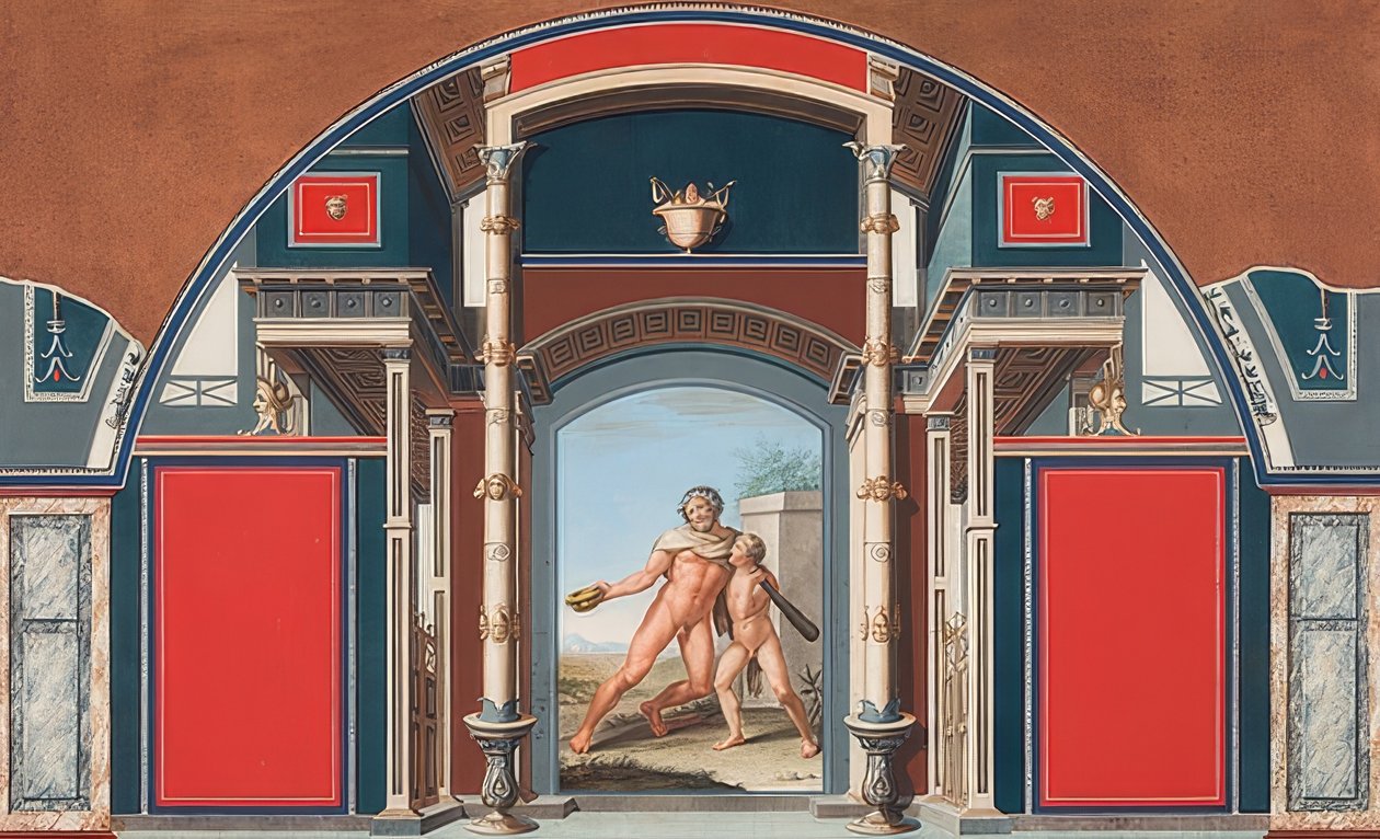 Veggmaleri av et romersk hus på eiendommen til Villa Negroni i Roma, Drunken Hercules. 1781 av Anton von Maron